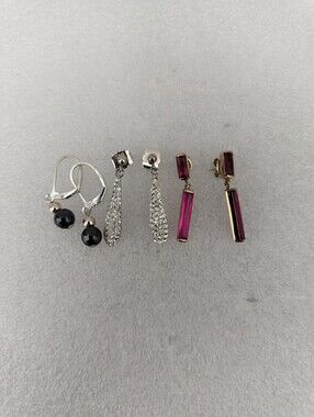 Vintage Sterling Silver Crystal Drop Earrings - Women Lot Of 3